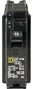 Square D Homeline HOM115C Circuit Breaker, Mini, 15 A, 1 -Pole, 120 V, Plug Mounting, Black