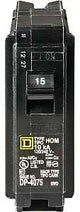 Square D Homeline HOM115C Circuit Breaker, Mini, 15 A, 1 -Pole, 120 V, Plug Mounting, Black