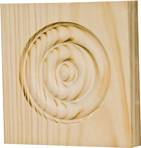 Waddell RTB35M Trim Block, 3-3/4 in H, 3-3/4 in W, Rosette Pattern, Pine Wood