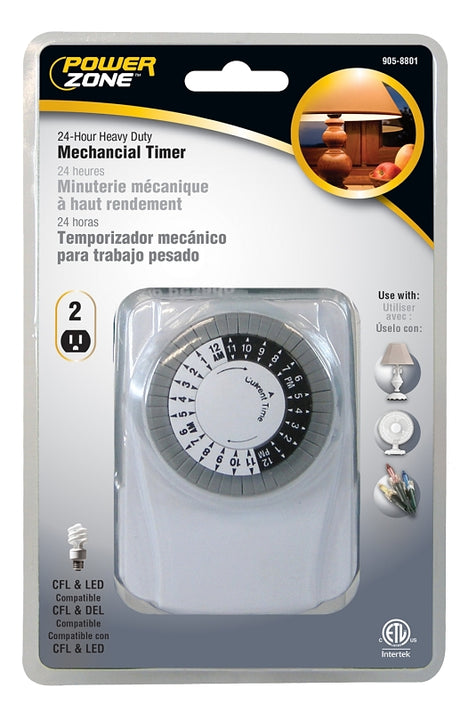 PowerZone TNI2423 Electromechanical Timer, 15 A, 125 V, 1875 W, 2-Outlet, 24 hrs Time Setting, White