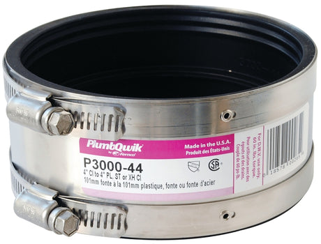 Fernco P3000-44 Transition Coupling, 4 in, PVC, SCH 40 Schedule, 4.3 psi Pressure