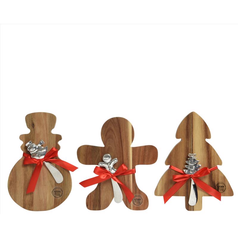 KitchenGoods Red Gingerbread Man/Snowman/Tree Acacia Cheese Boards 8.5 in., Pack of 6