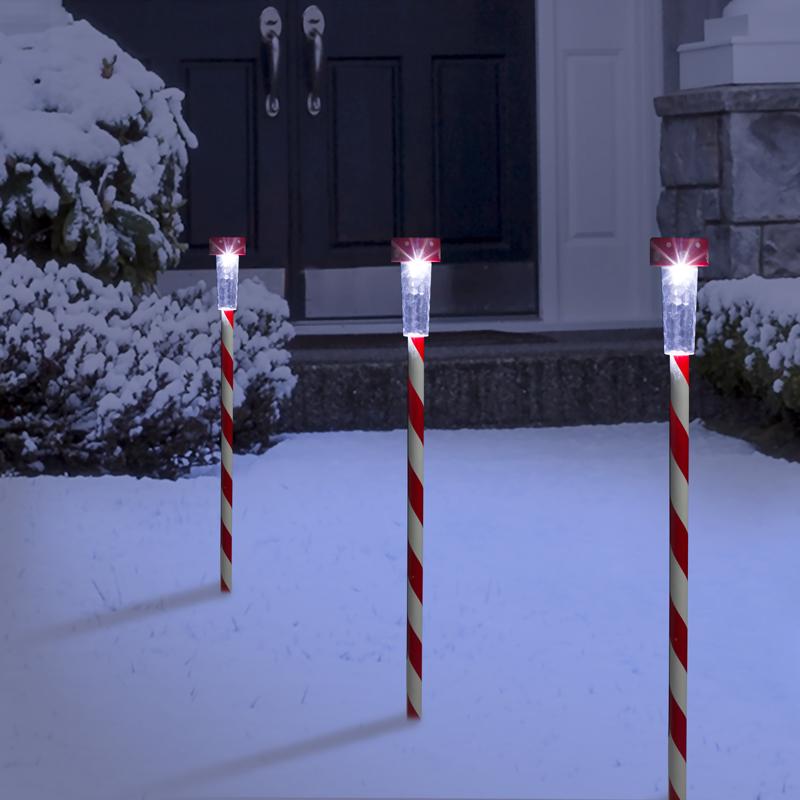 Alpine LED White Solar Candy Cane Striped Stake 23 in. Pathway Decor, Pack of 24