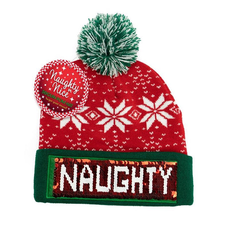 DM Merchandising Winter Naughty or Nice Santa Sequin Pom Hat Green/Red One Size Fits Most, Pack of 12