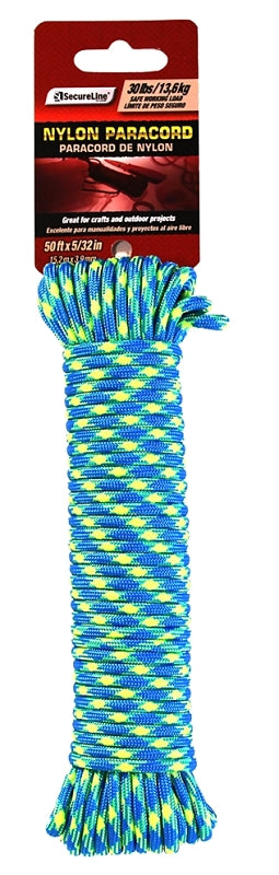 T.W. Evans Cordage 79-555 Paracord, 5/32 in Dia, 50 ft L, 30 lb Working Load, Nylon, Blue/Yellow