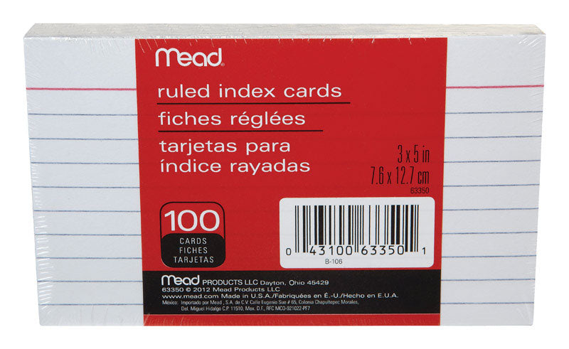 Mead 3 in. H X 5 in. W Ruled Index Cards White 100 pk, Pack of 12