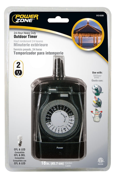 PowerZone TNO24111 Electromechanical Timer, 15 A, 125 V, 1875 W, 2-Outlet, 24 hrs Time Setting, Black