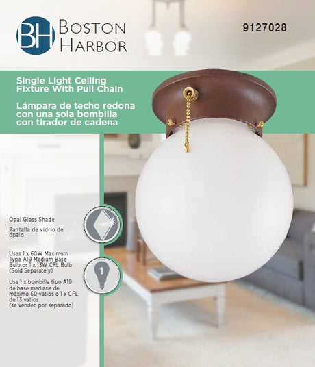 Boston Harbor F30153375 Ceiling Light Fixture, 0.5 A, 120 V, 60 W, 1-Lamp, A19 or CFL Lamp, Metal Fixture