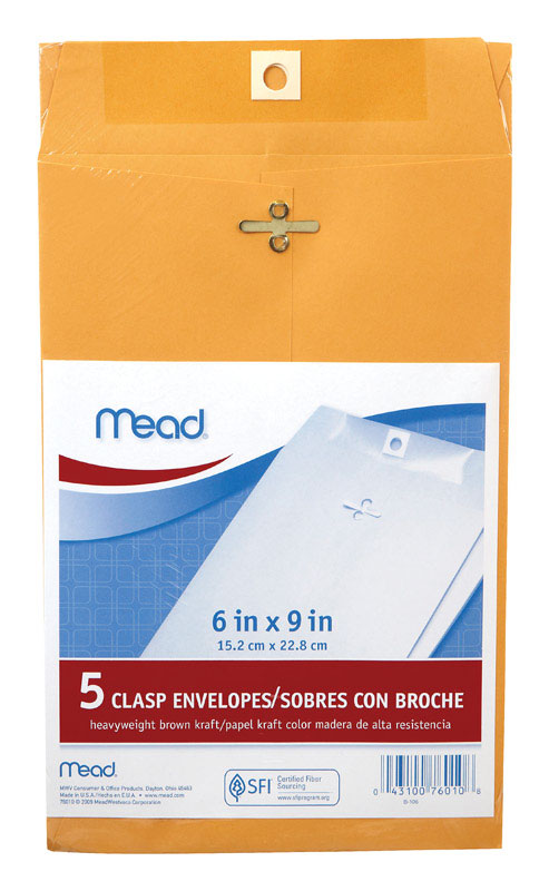 Mead 6 in. W X 9 in. L A10 Brown Envelopes 5 pk, Pack of 12