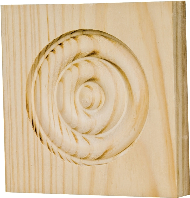 Waddell RTB35OAK Trim Block, 3-3/4 in H, 3-3/4 in W, Rosette Pattern, Oak Wood