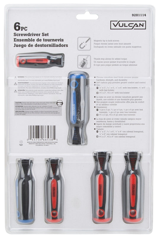 Vulcan SD-SET-6 Screwdriver Set, 6-Piece, Chrome Vanadium Steel, Chrome, Black & Blue/Black & Red (Handle)