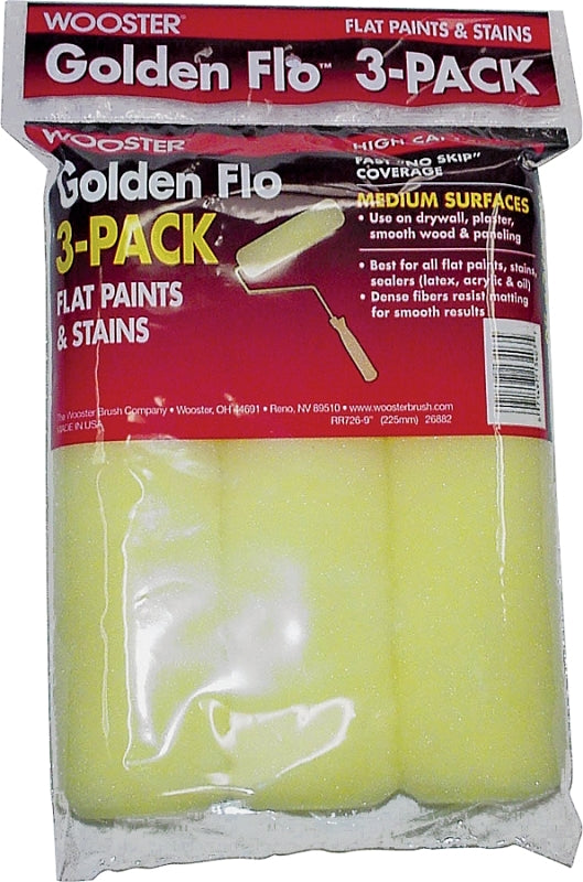 Wooster RR726-9 Roller Cover, 3/8 in Thick Nap, 9 in L, Fabric Cover, Yellow