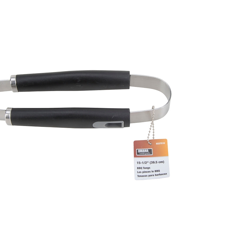 Omaha BBQ-22779-06 BBQ Tongs, 1.5 mm, Stainless Steel Blade, Stainless Steel, Plastic Handle, Straight Handle, 16 in OAL