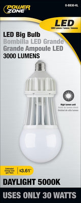 PowerZone O-BB30-KL LED Big Bulb, General Purpose, 175 W Equivalent, E26 Lamp Base, Daylight Light, 5000 K Color Temp