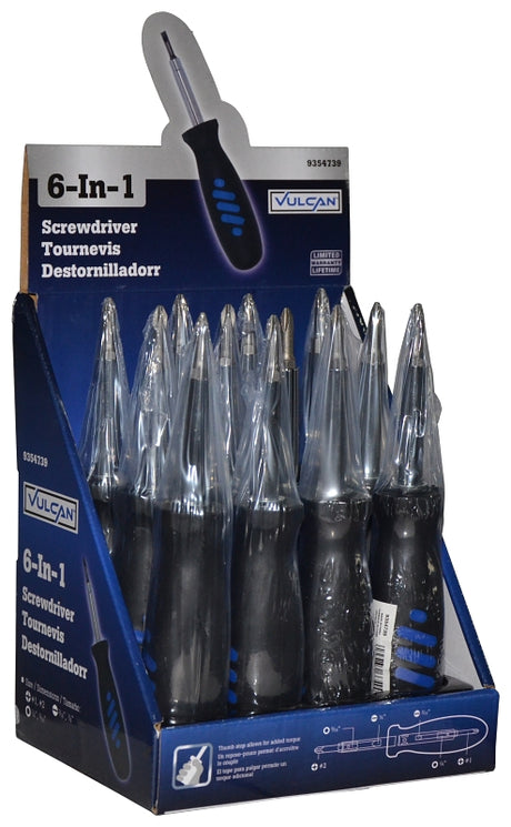 Vulcan JL-16-410 Multi-Bit Screwdriver, Slotted: 3/16 in, 1/4 in, Phillips: #1, #2, Nutdriver: 1/4 in, 5/16 in Drive, Pack of 12