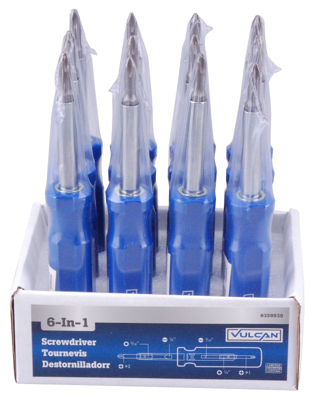 Vulcan CC922 Multi-Bit Screwdriver, Slotted: 3/16 in, 1/4 in, Phillips: #1, #2, Nutdriver: 1/4 in, 5/16 in Drive, Pack of 12