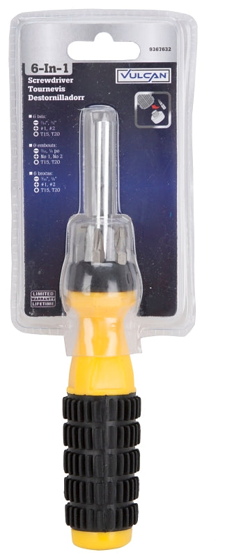 Vulcan 34100D Multi-Bit Screwdriver, Slotted: 3/16 in, 1/4 in, Phillips: #1, #2, Star: T15, T20 Drive, 7-3/8 in OAL