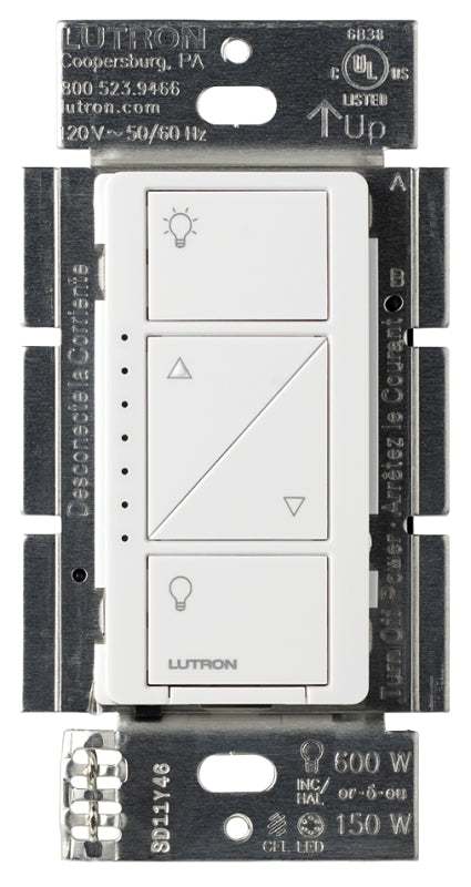 Lutron Caseta PD-6WCL-WH-R Smart Lighting Dimmer, 1 -Pole, 120 V, 434 MHz, White