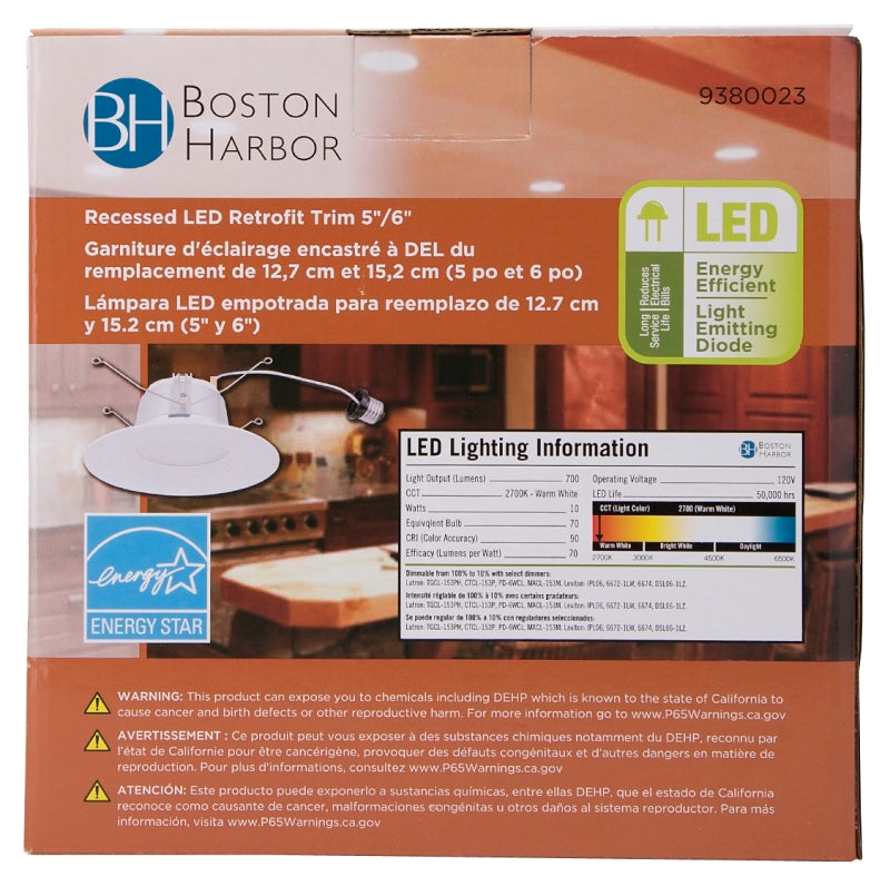 Boston Harbor DL6-096(5&6 inch)-3K LED Retrofit Trim, 10 W, 120 V, 1-Lamp, LED Lamp, Plastic, White, White