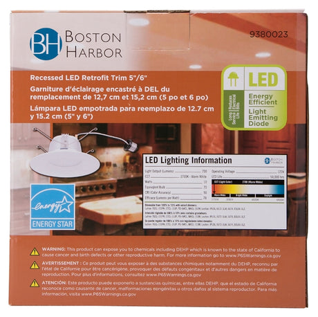 Boston Harbor DL6-096(5&6 inch)-3K LED Retrofit Trim, 10 W, 120 V, 1-Lamp, LED Lamp, Plastic, White, White