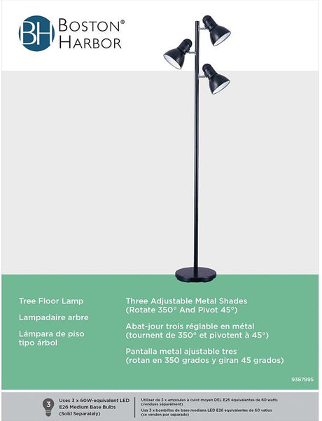 Boston Harbor TL-TREE-134-BK-3L Tree Lamp, 120 V, 180 W, 3-Lamp, Incandescent Lamp, Metal, Black Finish
