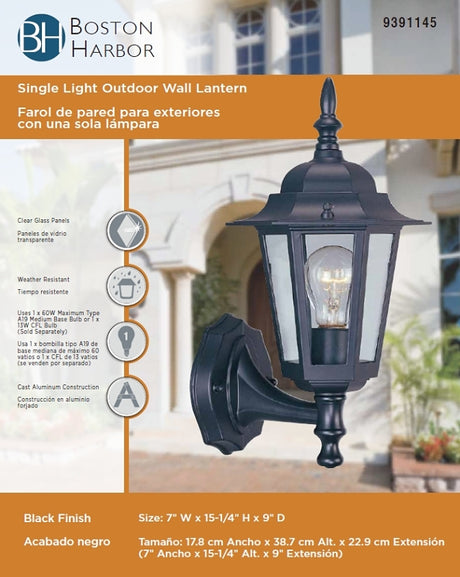 Boston Harbor AL8041-5 Outdoor Wall Lantern, 120 V, 60 W, A19 or CFL Lamp, Aluminum Fixture, Black