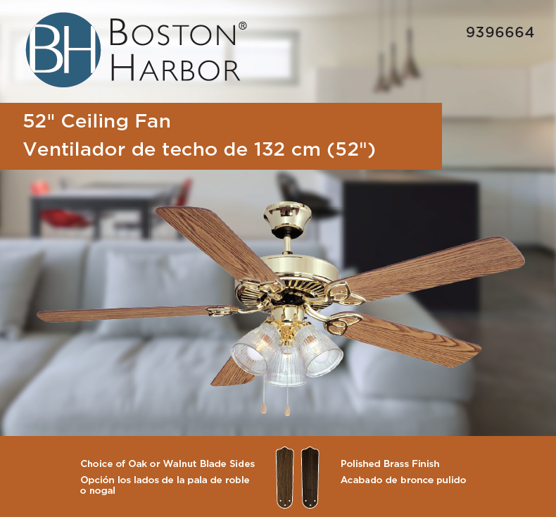Boston Harbor CF-78043 Ceiling Fan Light Kit, 5-Blade, Oak/Walnut Blade, 52 in Sweep, 3-Speed, With Lights: Yes