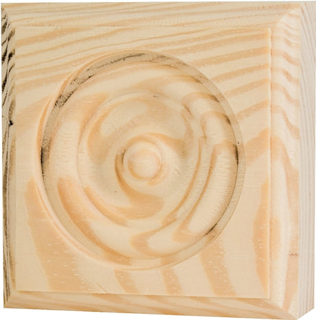 Waddell RTB35 Trim Block, 3-3/4 in H, 3-3/4 in W, Rosette Pattern, Pine Wood