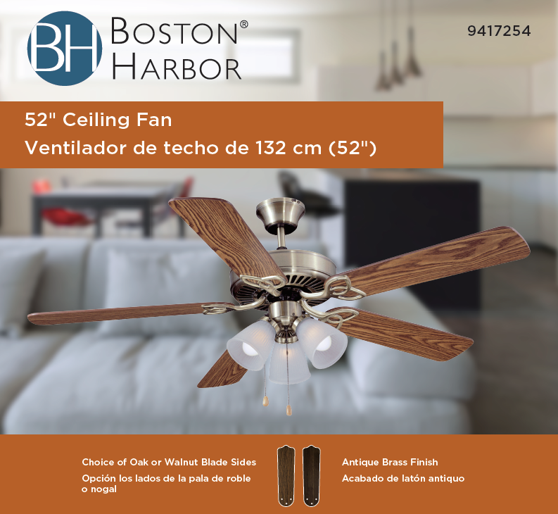 Boston Harbor CF-78042 Ceiling Fan, 5-Blade, Oak/Walnut Blade, 52 in Sweep, 3-Speed, With Lights: Yes