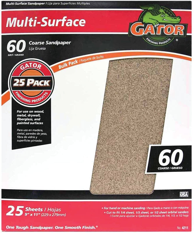 Gator 3266 Sanding Sheet, 11 in L, 9 in W, 60 Grit, Coarse, Aluminum Oxide Abrasive