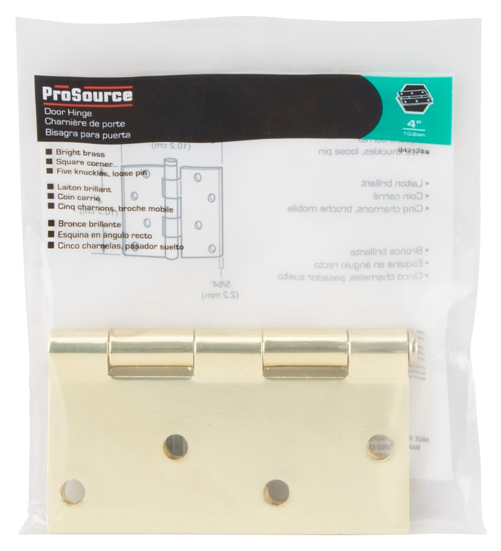 ProSource 20339BBX Square Corner Door Hinge, Steel, Polished Brass, Loose Pin, 180 deg Range of Motion