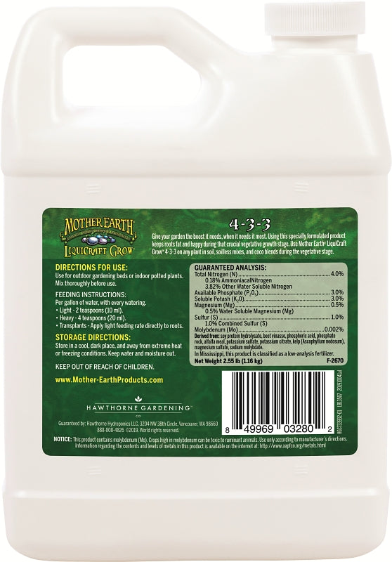 Mother Earth HGC733932 LiquiCraft Grow Plant Fertilizer, 1 qt, Liquid, 4-3-3 N-P-K Ratio