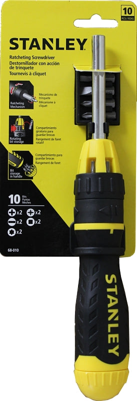 STANLEY 68-010 Ratcheting Screwdriver, 10-in-1 Drive, 10-1/2 in OAL, Rubber Handle, Ergonomic Handle