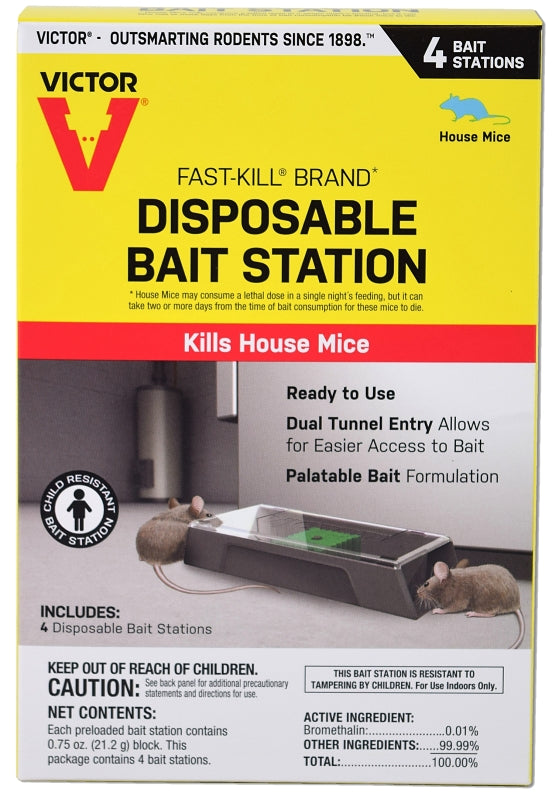 Victor Fast-Kill M915 Mouse Bait Station, 2 -Opening, Plastic, 4/PK