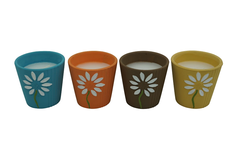 Seasonal Trends Y252 Ceramic Flower Citronella Candle, Round, Yellow, Orange, Blue and Brown, Citronella, Pack of 24