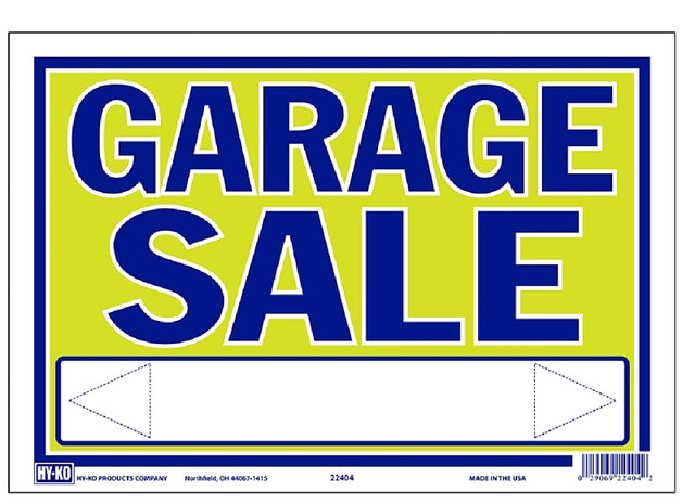 Hy-Ko 22404 Neon Sign, GARAGE SALE, Blue Legend, Yellow Background, Plastic, 9 in H x 13 in W Dimensions, Pack of 10