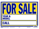 Hy-Ko 22406 Neon Sign, 9 x 13 in Dimensions, FOR SALE, YEAR & MODEL, CALL, Blue Legend, Yellow Background, Plastic, Pack of 10