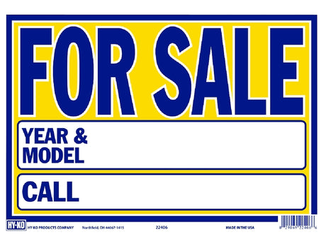 Hy-Ko 22406 Neon Sign, 9 x 13 in Dimensions, FOR SALE, YEAR & MODEL, CALL, Blue Legend, Yellow Background, Plastic, Pack of 10