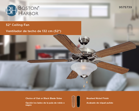 Boston Harbor CF-B552+1F242SN Ceiling Fan, 5-Blade, Black/Oak Blade, 52 in Sweep, MDF Blade, 3-Speed