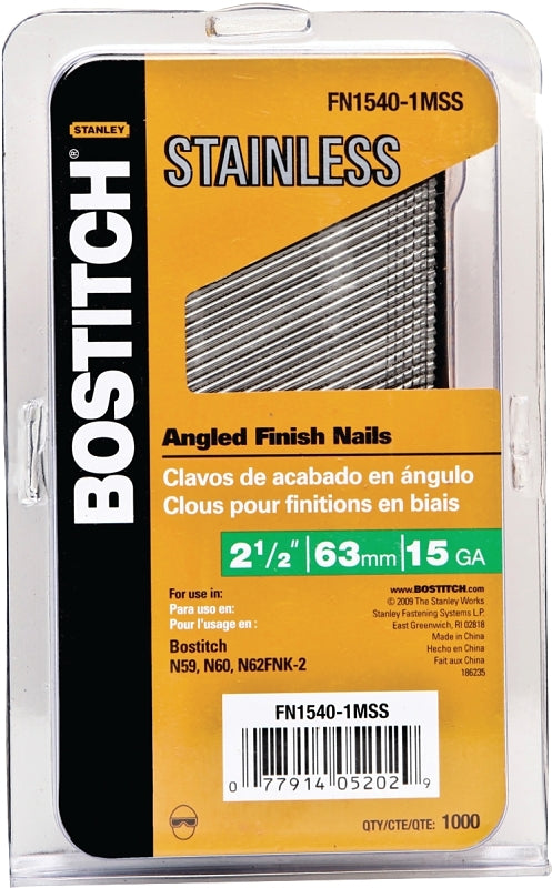 Bostitch FN1540-1MSS Finish Nail, 2-1/2 in L, 15 Gauge, Stainless Steel, Coated, Round Head, Smooth Shank