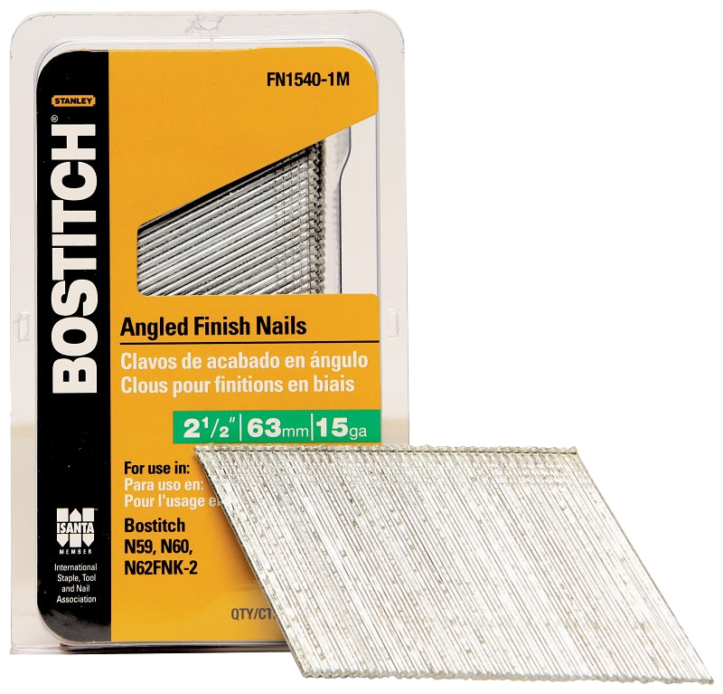 Bostitch FN1540-1M Finish Nail, 2-1/2 in L, 15 ga Gauge, Steel, Bright, Flat Head, Smooth Shank