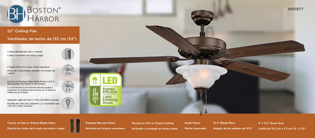 Boston Harbor CF-B552-ORB Ceiling Fan, 5-Blade, Oak or Walnut Blade, 52 in Sweep, MDF Blade, 3-Speed