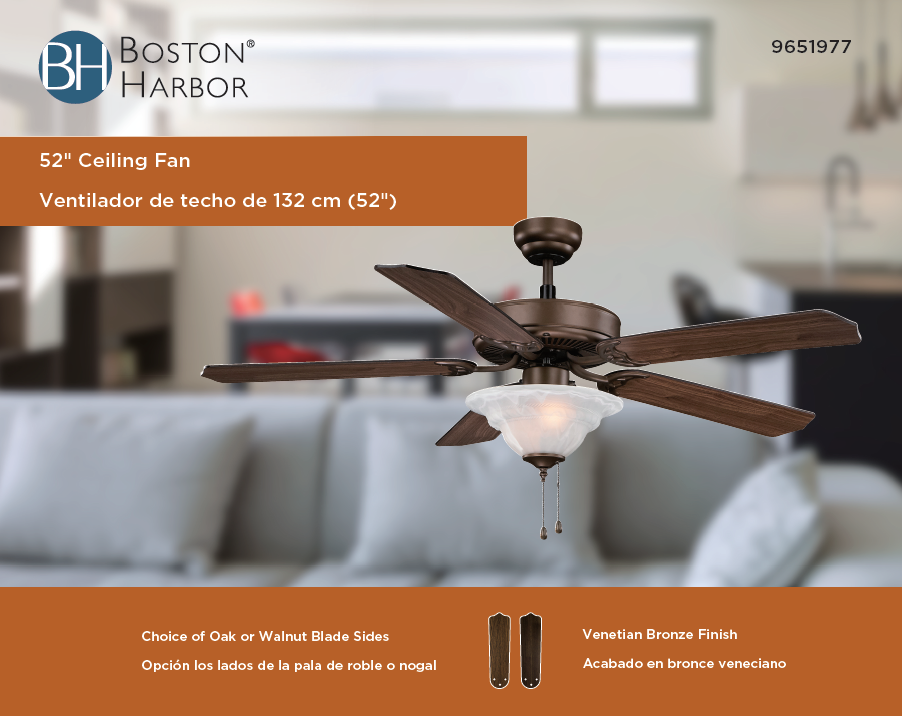 Boston Harbor CF-B552-ORB Ceiling Fan, 5-Blade, Oak or Walnut Blade, 52 in Sweep, MDF Blade, 3-Speed