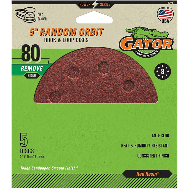 Gator 3724 Sanding Disc, 5 in Dia, 80 Grit, Medium, Aluminum Oxide Abrasive, Vented