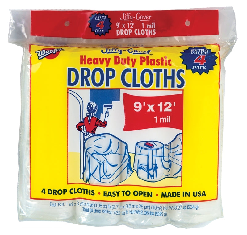 Warp's JC-9124 Drop Cloth, 12 ft L, 9 ft W, Plastic, Pack of 6