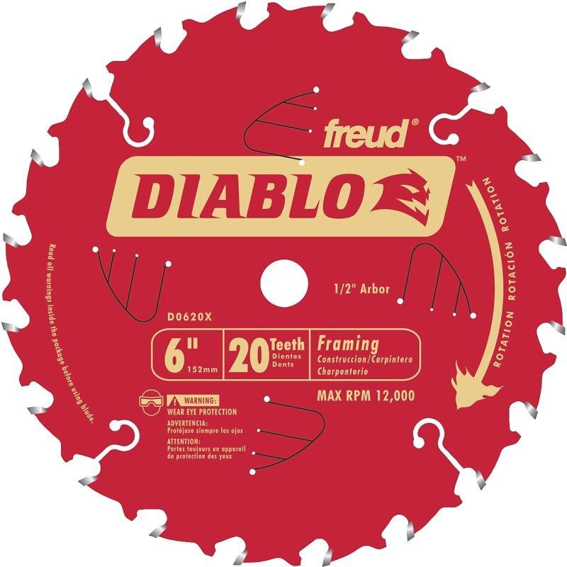 Diablo D0620X Circular Saw Blade, 6 in Dia, 1/2 in Arbor, 20-Teeth, Carbide Cutting Edge