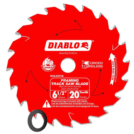 Diablo D0620TSR Track Saw Blade, 6-1/2 in Dia, 20 mm Arbor, 20-Teeth, Carbide Cutting Edge