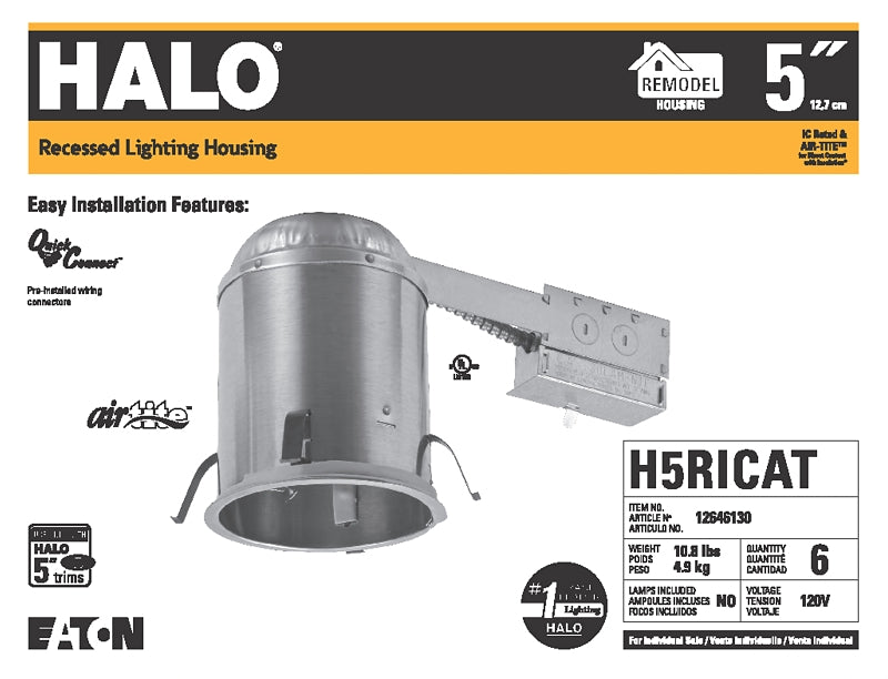 Halo H5RICAT Recessed Housing, 5 in Dia Recessed Can, Aluminum, Pack of 6