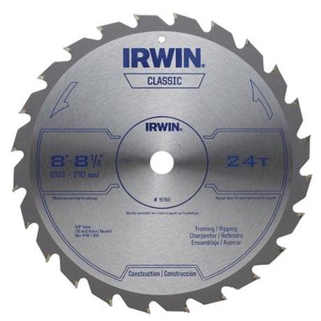 Irwin 15150 Circular Saw Blade, 8-1/4 in Dia, 5/8 in Arbor, 24-Teeth, Carbide Cutting Edge, Applicable Materials: Wood