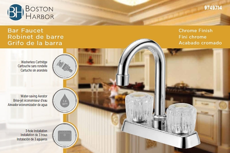 Boston Harbor PFN47850CP-LF Bar Sink Faucet, 1.8 gpm, 2-Handle, 3-Faucet Hole, Metal, Chrome Plated